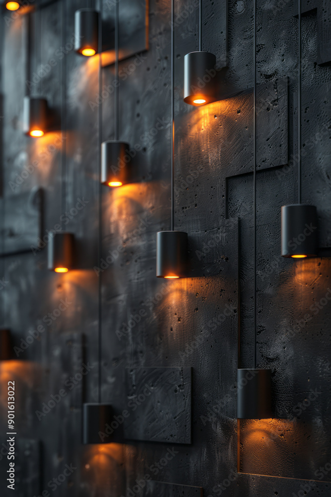 Fototapeta premium Minimalist aesthetic of a vertical wall of 3D tiles with dynamic glowing elements, creating a striking visual effect,
