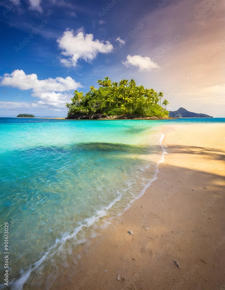 Obraz premium Sandy and coconut tree on topical beach with blue sky