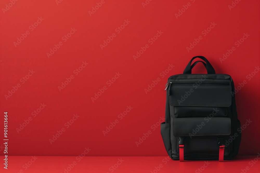 black backpack on a red background. Back to school concept. Copy space black backpack on a red background. Back to school concept. Copy space