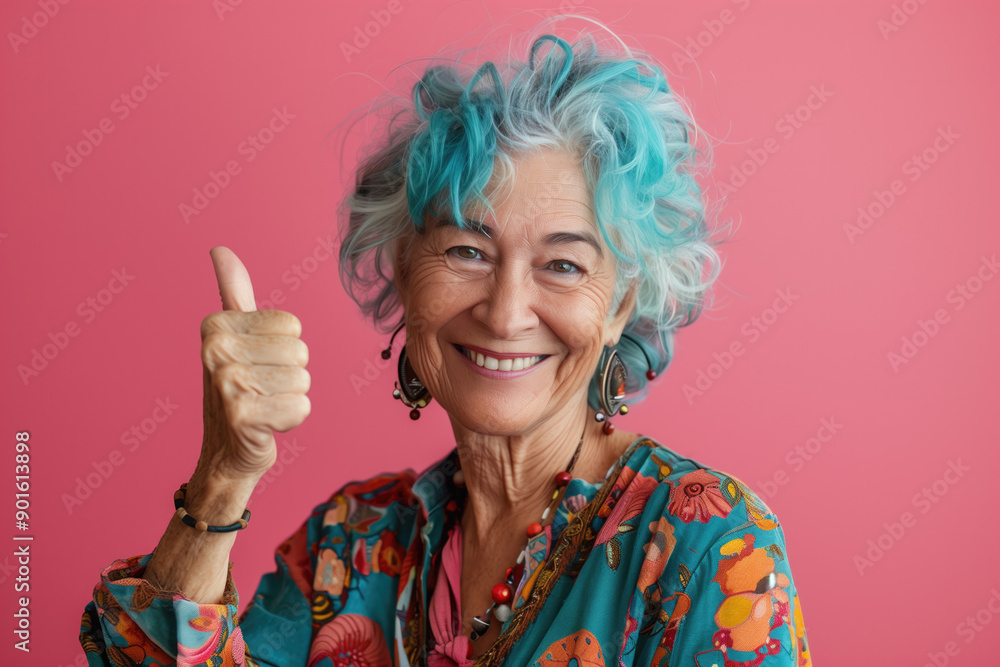 Elderly woman with blue hair smiling and giving a thumbs-up against a ...