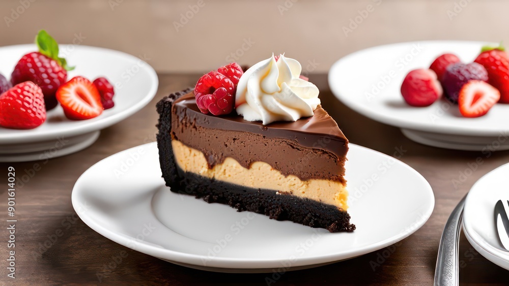 close up of appetizing slice of chocolate cheesecake with berries close up of appetizing slice of chocolate cheesecake with berries