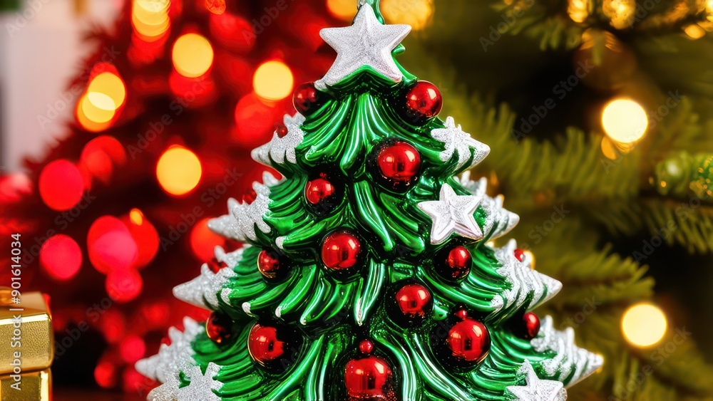 Image of a Christmas tree figurine, festive and colorful, detailed, made of glass, red and white colours Image of a Christmas tree figurine, festive and colorful, detailed, made of glass, red and white colours