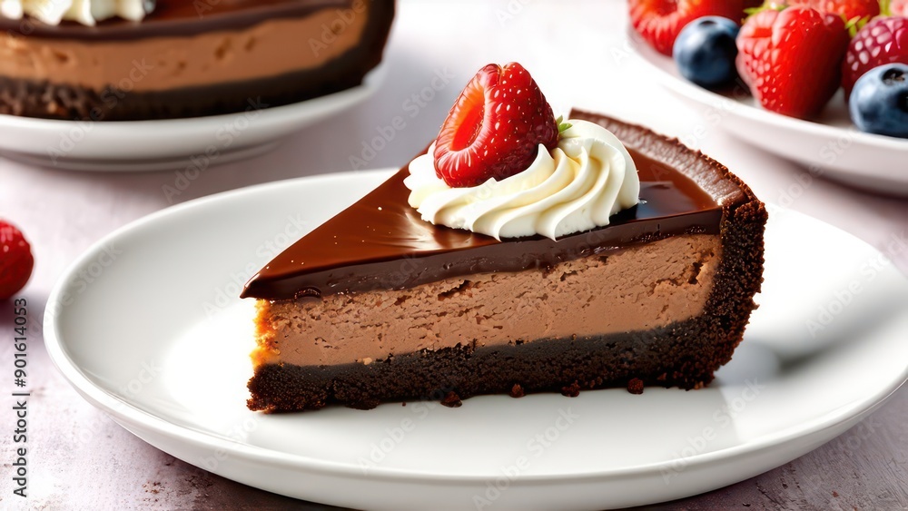 close up of appetizing slice of chocolate cheesecake with berries close up of appetizing slice of chocolate cheesecake with berries