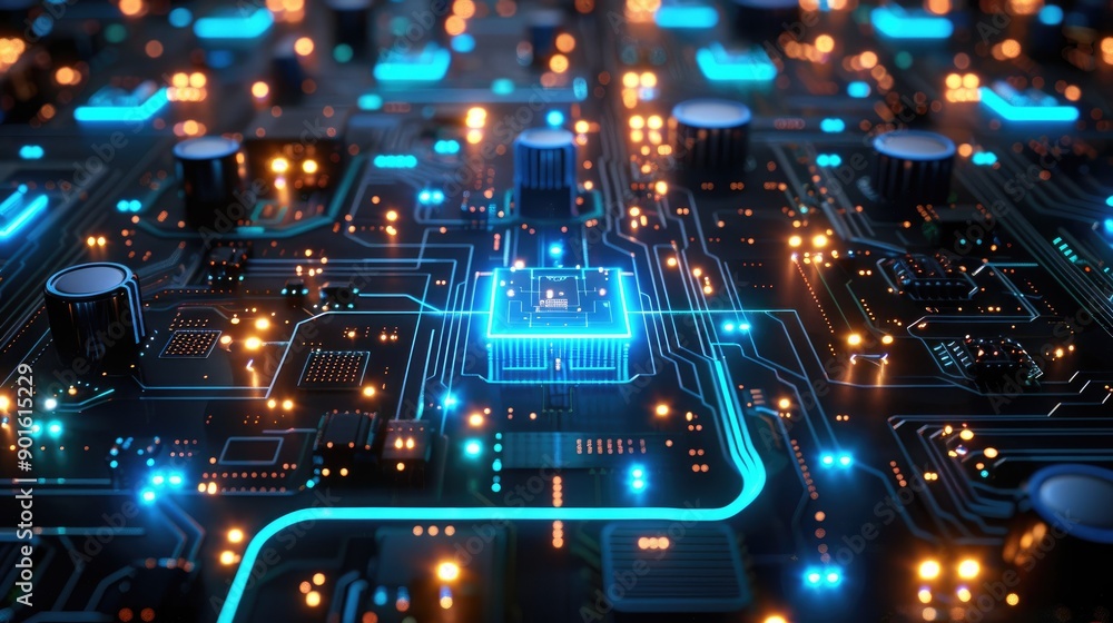 Digital circuit board with glowing blue lines Digital circuit board with glowing blue lines