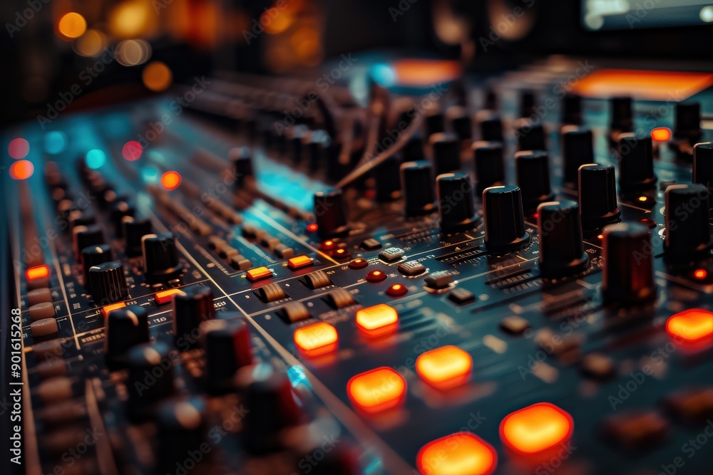 Close-up of a music mixing console with illuminated buttons and knobs, showcasing the art of sound engineering and production. Close-up of a music mixing console with illuminated buttons and knobs, showcasing the art of sound engineering and production.