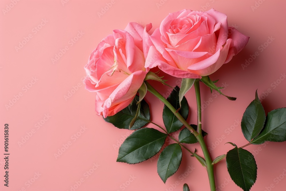 Fototapeta premium Three beautiful pink roses on a matching light pink background