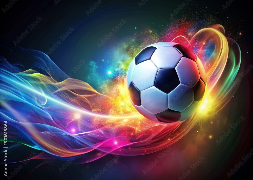 Naklejka premium Vibrant colors splash as a dynamic soccer ball flies through the air, leaving a trail of artistic streaks and abstract shapes, conveying energy and movement.