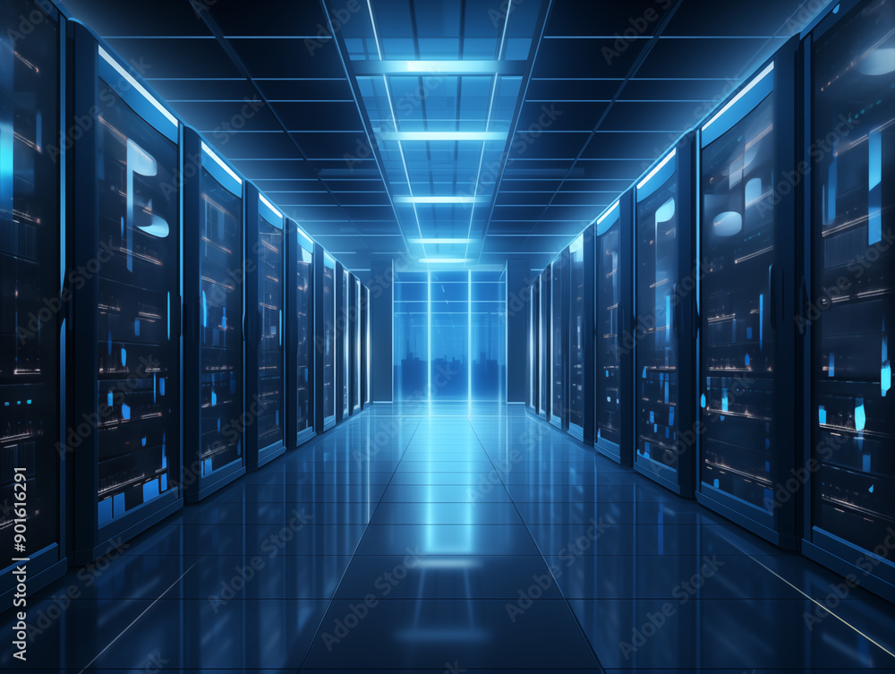 A high tech 3D illustration depicting a network data center A high tech 3D illustration depicting a network data center