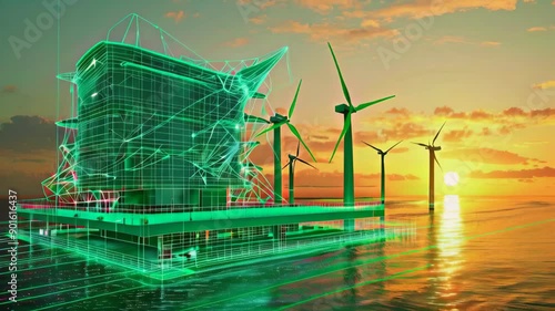 A futuristic rendering of an offshore wind farm with several wind turbines at sunset. Digital concepts transform into real wind turbines.