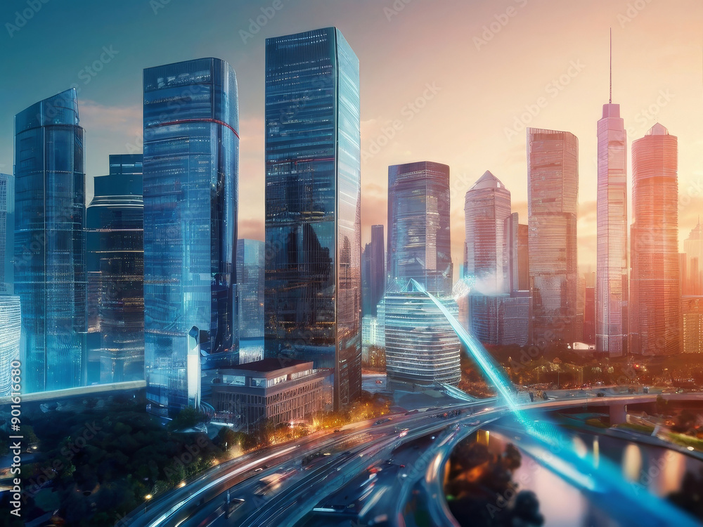 A futuristic city with skyscrapers, advanced modern architecture, sunset warmth, business hub vibrancy, photorealistic rendering. A futuristic city with skyscrapers, advanced modern architecture, sunset warmth, business hub vibrancy, photorealistic rendering.