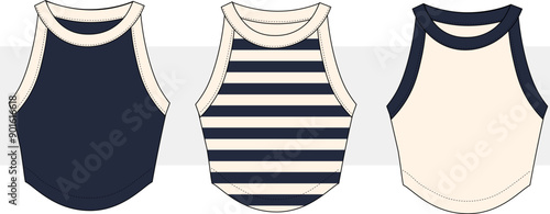 women Tank Top cropped technical fashion illustration, striped design. sailor crop top 3 set. Slim Fit Top fashion flat technical drawing template, crew neck, sleeveless. 