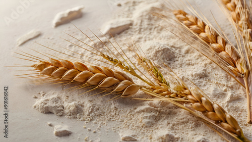 Wheat flour and  Spikelets of wheat on a light background, food photos, ai generative