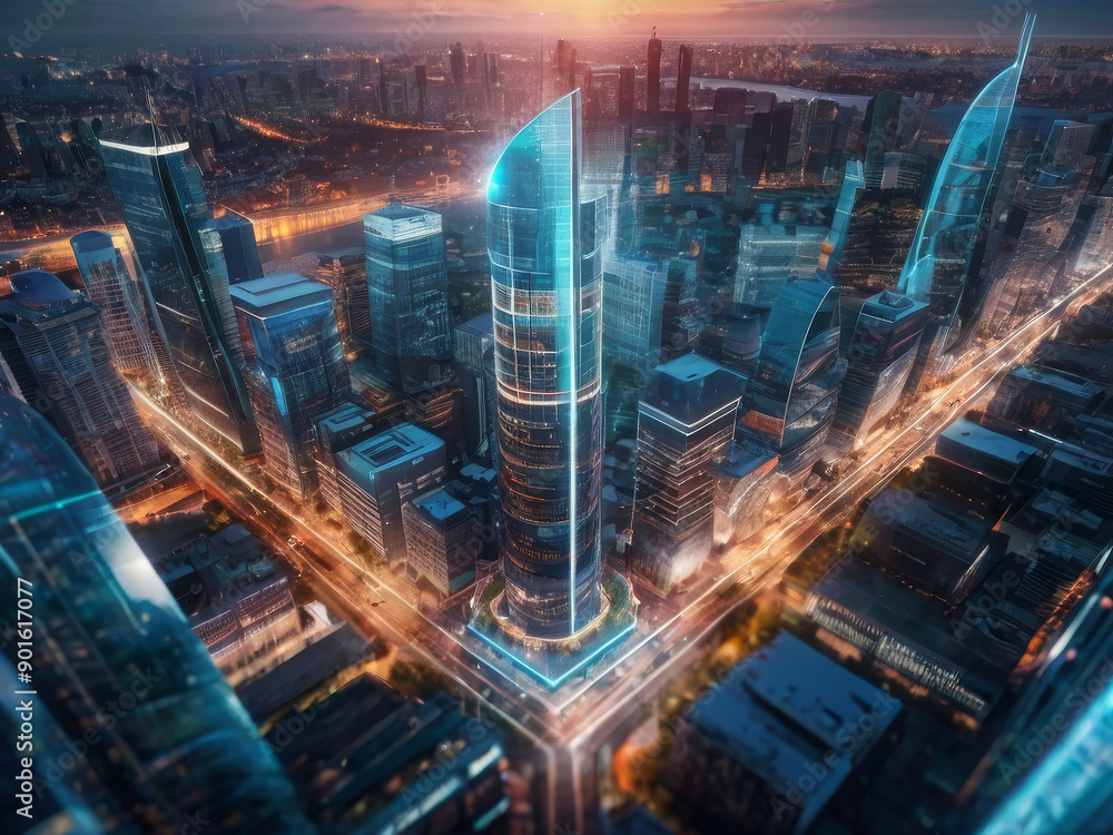 A futuristic cityscape with tall skyscrapers and glowing neon lights at night, with a large central tower illuminated in blue and purple hues.