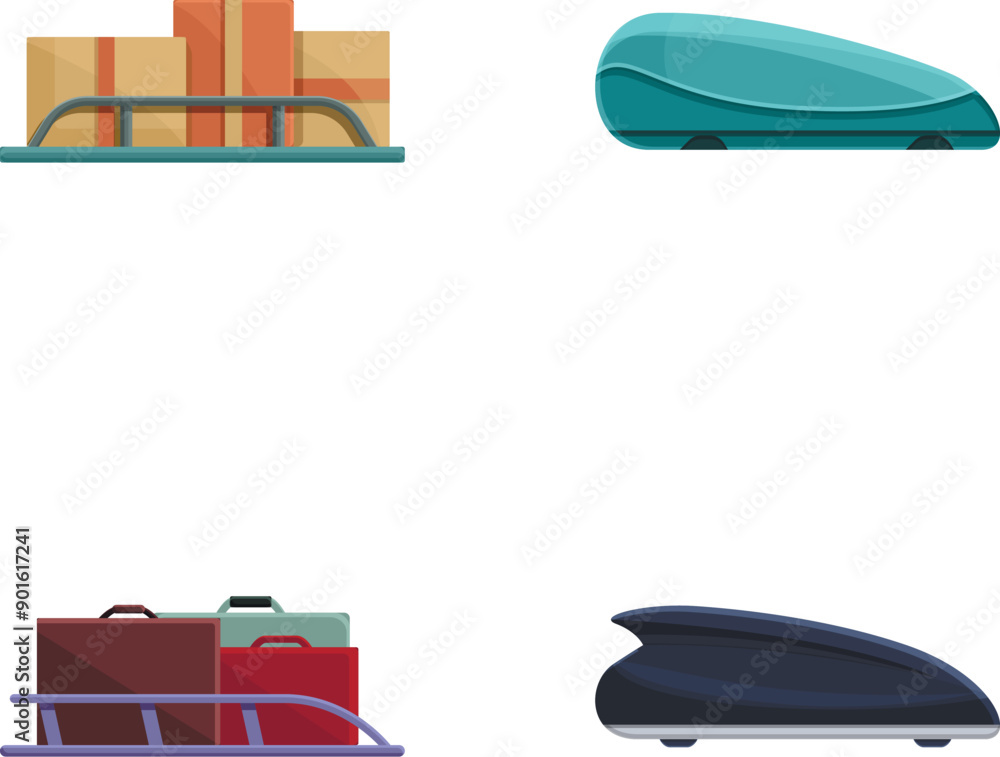 Car rack icons set cartoon vector. Various car roof plastic box. Travel ...