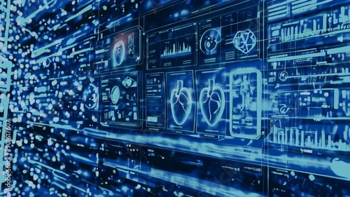 In motion rendering of futuristic health info graphics and technology HUD elements in blue