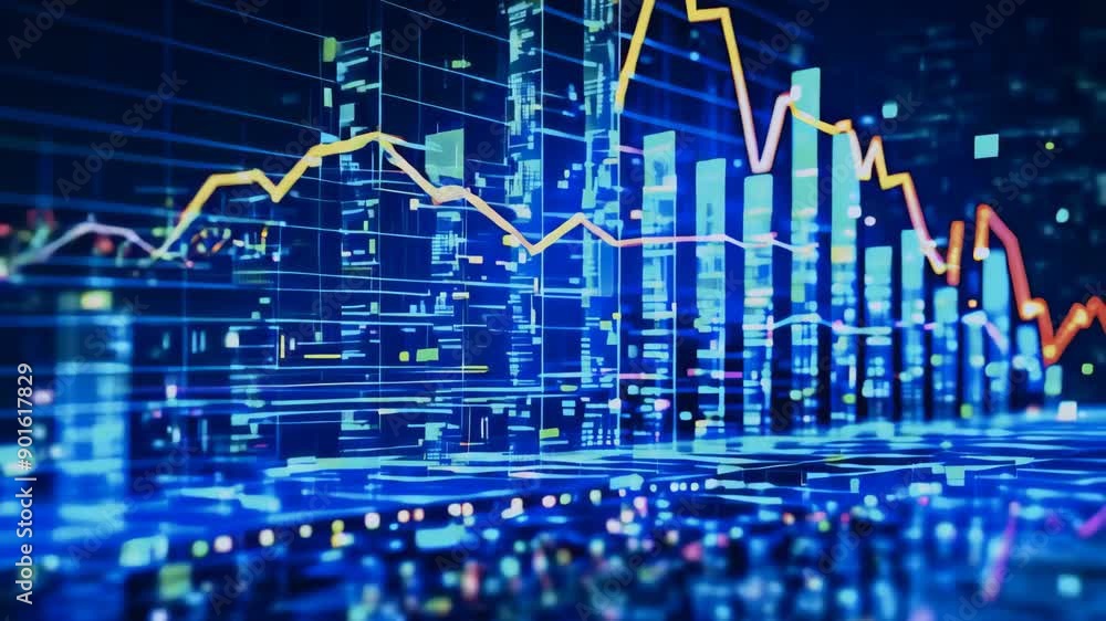 A hi-tech grid style with dynamic camera movement illustrates rising financial data and economic success with an animated blue bar chart. A hi-tech grid style with dynamic camera movement illustrates rising financial data and economic success with an animated blue bar chart.