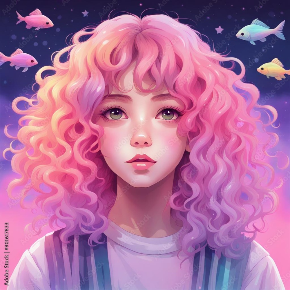 Pink afro eurasian girl with innocent look on her face, fated with cute fishes Pink afro eurasian girl with innocent look on her face, fated with cute fishes