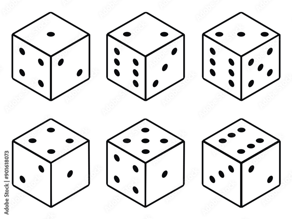 Six variants white game cubes isolated on white background. Gambling concept. Six variants white game cubes isolated on white background. Gambling concept.
