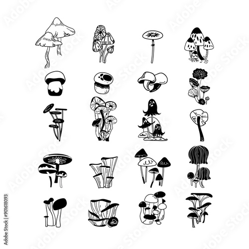 Outline Mushrooms Vector Set. Forest fungi Hand Drawn Illustrations Collection. Black line Edible and Poison Fungus Isolated on white background