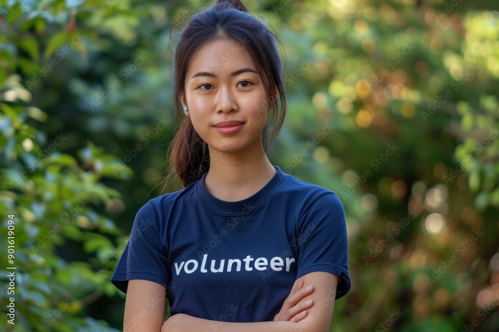 Confident young woman in dark blue volunteer shirt standing with folded arms outdoors. Concepts of community service, altruism, and youth engagement. Confident young woman in dark blue volunteer shirt standing with folded arms outdoors. Concepts of community service, altruism, and youth engagement.