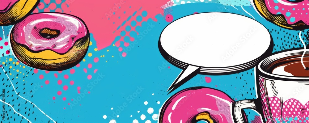 Fototapeta premium Playful pop art design with coffee cup, donut and speech bubble against a vibrant background