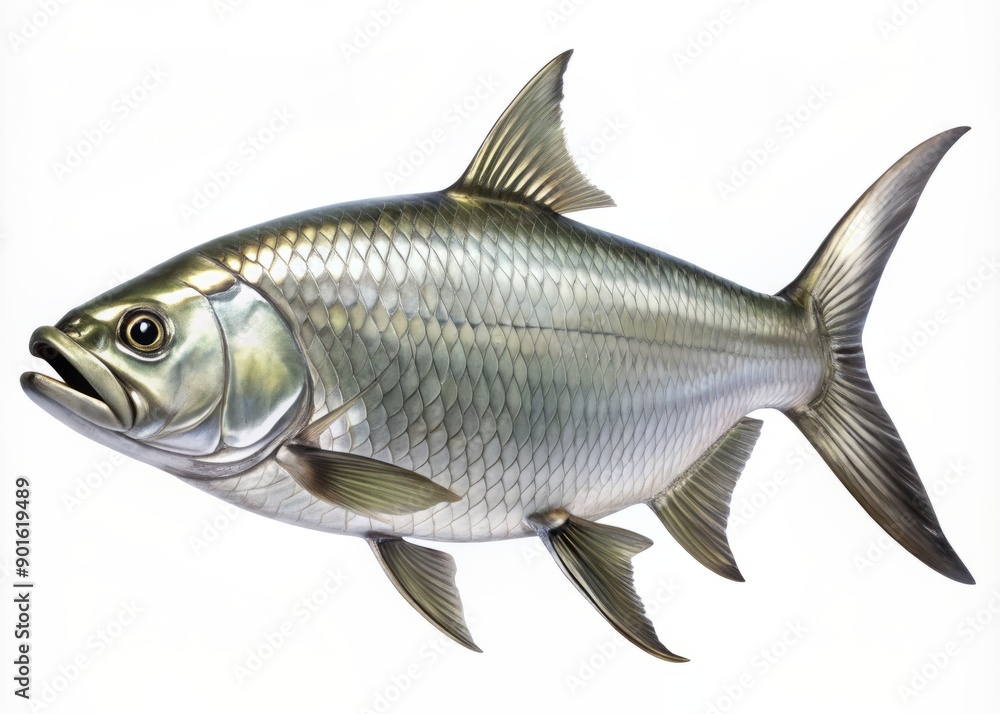 Large silver tarpon fish with shiny scales and distinctive lateral line pattern swims in a curved pose, isolated on a clean white background. Large silver tarpon fish with shiny scales and distinctive lateral line pattern swims in a curved pose, isolated on a clean white background.