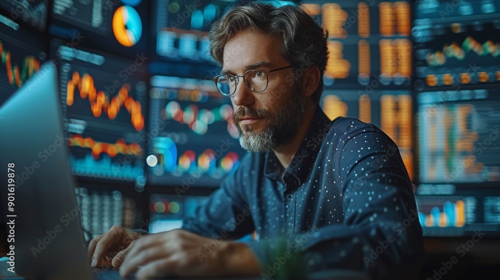 Focused Analyst Analyzing Financial Data on Multiple Screens in Modern Office Environment During Evening Hours. Generative AI Focused Analyst Analyzing Financial Data on Multiple Screens in Modern Office Environment During Evening Hours. Generative AI