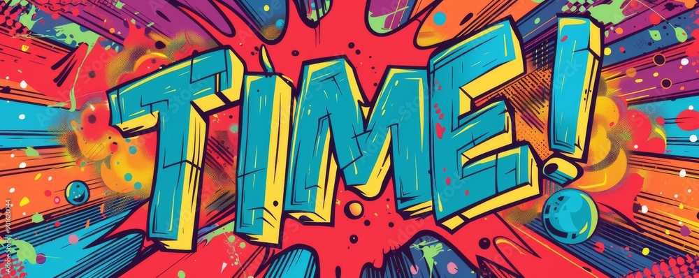 Pop-art style design emphasizing the concept of time with dynamic lettering and bright colors Pop-art style design emphasizing the concept of time with dynamic lettering and bright colors