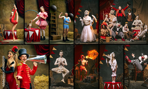 Creative circus collage showing diverse acts, acrobatics, strongman, and whimsical clowns, all in vibrant costumes. Atmosphere of magic and wonder. Concept of circus, theater, performance, show, retro