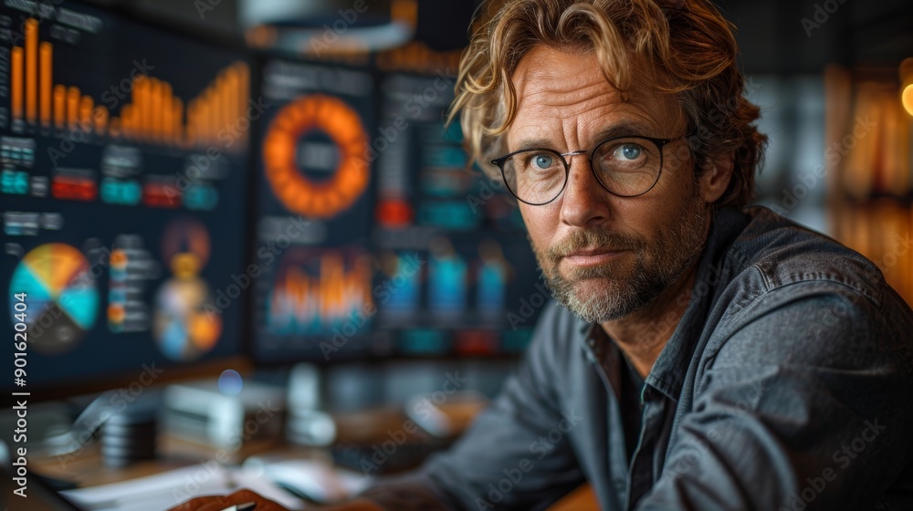 Professional Man Analyzing Data Visualizations in Modern Office During Late Afternoon Hours. Generative AI Professional Man Analyzing Data Visualizations in Modern Office During Late Afternoon Hours. Generative AI