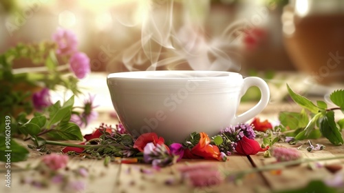 Wallpaper Mural Aromatic Herbal Tea Infusion: Steaming Cup with Fresh Herbs and Vibrant Flowers. Natural Wellness Beverage Showcasing Organic Ingredients for Relaxation, Health Benefits, and Sensory Delight. Torontodigital.ca