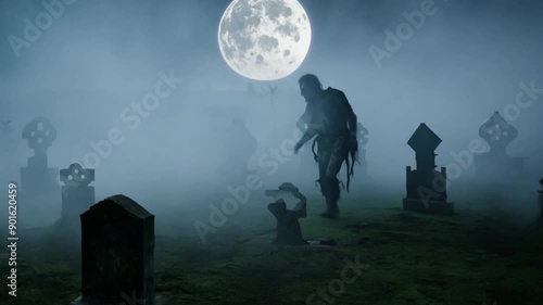Night spooky mysterious halloween cemetery with walking zombie and full moon.
