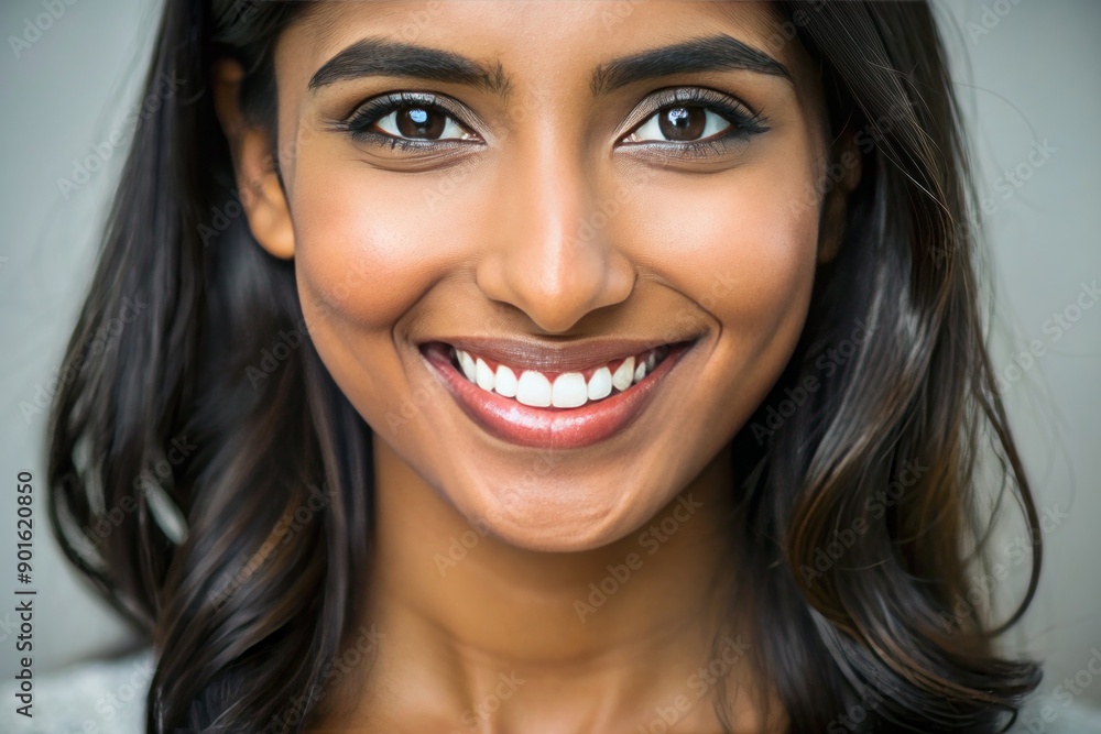 Closeup portrait of a stunning young Asian Indian woman with flawless skin and bright, perfectly aligned white teeth, radiating confidence and happiness. Closeup portrait of a stunning young Asian Indian woman with flawless skin and bright, perfectly aligned white teeth, radiating confidence and happiness.