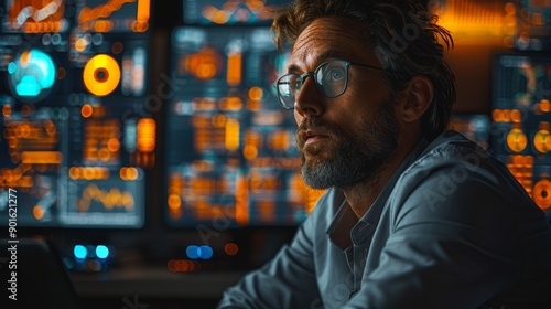 Focused Analyst Observing Data Visualizations in a Modern Tech Office During Evening Hours. Generative AI