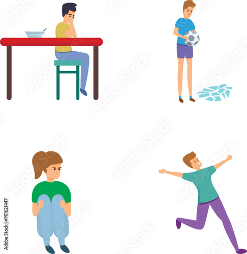 Bad luck icons set cartoon vector. Case of physical trauma. Misfortune, failure, accident