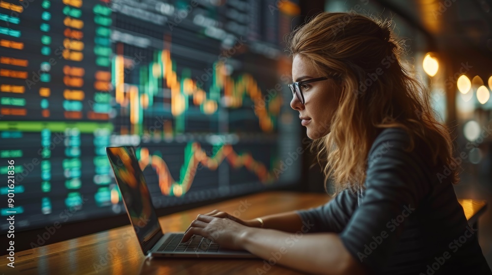 Young Woman Analyzing Financial Data on Laptop With Stock Market Information Displayed in Background. Generative AI Young Woman Analyzing Financial Data on Laptop With Stock Market Information Displayed in Background. Generative AI