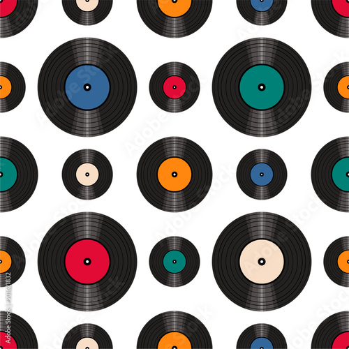 Seamless pattern print background with vinyl record disks vector illustration music  wallpaper decorative artistic texture 