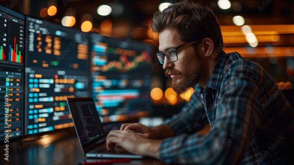 Focused Analyst Working Late at Night With Multiple Monitors Displaying Financial Data. Generative AI Focused Analyst Working Late at Night With Multiple Monitors Displaying Financial Data. Generative AI