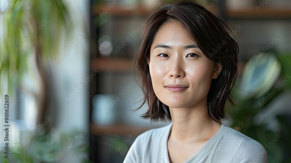 Charming Asian person looking directly at the camera, with friendly smile and background space for advertisement copy Charming Asian person looking directly at the camera, with friendly smile and background space for advertisement copy