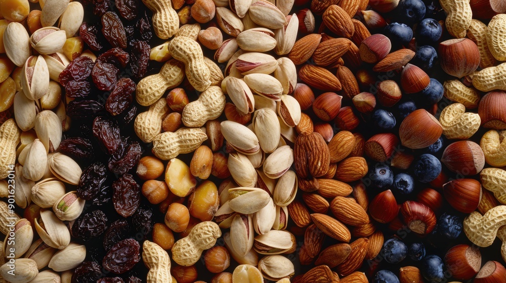 Close-up of almonds, hazelnuts, peanuts, cashews, candied fruit, and raisins, isolated on a plain background Close-up of almonds, hazelnuts, peanuts, cashews, candied fruit, and raisins, isolated on a plain background