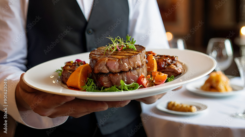 Waiter carrying plates of meat dish from the table, delicious fast food, ai generative Waiter carrying plates of meat dish from the table, delicious fast food, ai generative