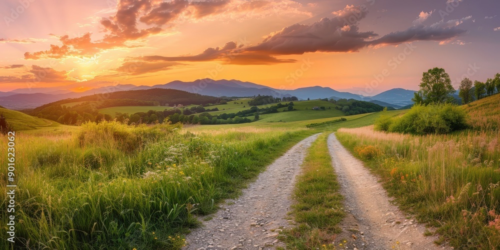 Sunset Over Rolling Hills and a Winding Road Sunset Over Rolling Hills and a Winding Road