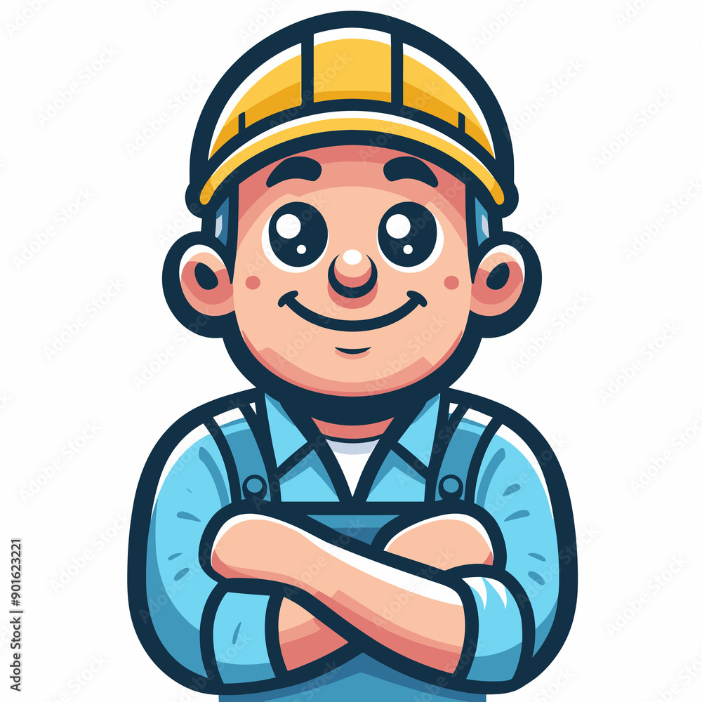 Anime-style builder, dark eyes, pink cheeks, wearing a yellow hard hat, light blue shirt, and blue overalls, friendly expression, smiling, arms crossed. Anime-style builder, dark eyes, pink cheeks, wearing a yellow hard hat, light blue shirt, and blue overalls, friendly expression, smiling, arms crossed.