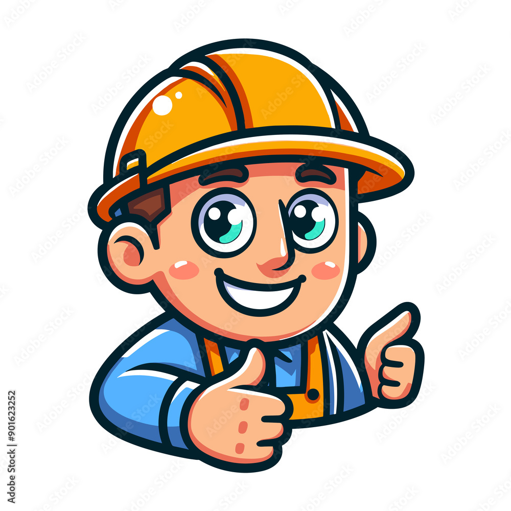 Anime-style builder, green eyes, pink cheeks, wearing a yellow hard hat, blue shirt, and yellow overalls, friendly expression, giving thumbs up, smiling. Anime-style builder, green eyes, pink cheeks, wearing a yellow hard hat, blue shirt, and yellow overalls, friendly expression, giving thumbs up, smiling.