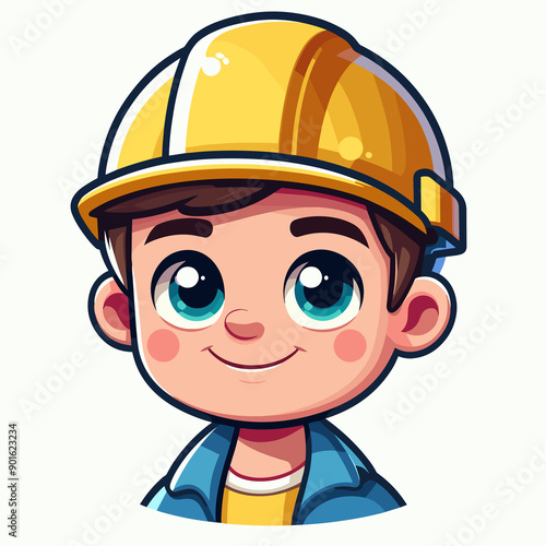 Anime-style builder, blue eyes, pink cheeks, wearing a yellow hard hat, yellow shirt, and blue jacket, friendly expression, smiling.