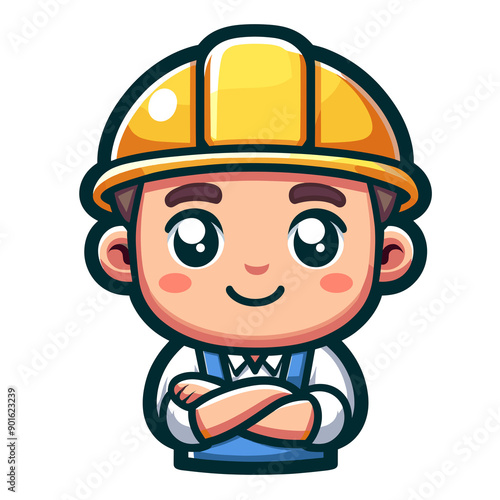 Anime-style builder, brown eyes, pink cheeks, wearing a yellow hard hat, white shirt, and blue overalls, friendly expression, arms crossed, smiling.