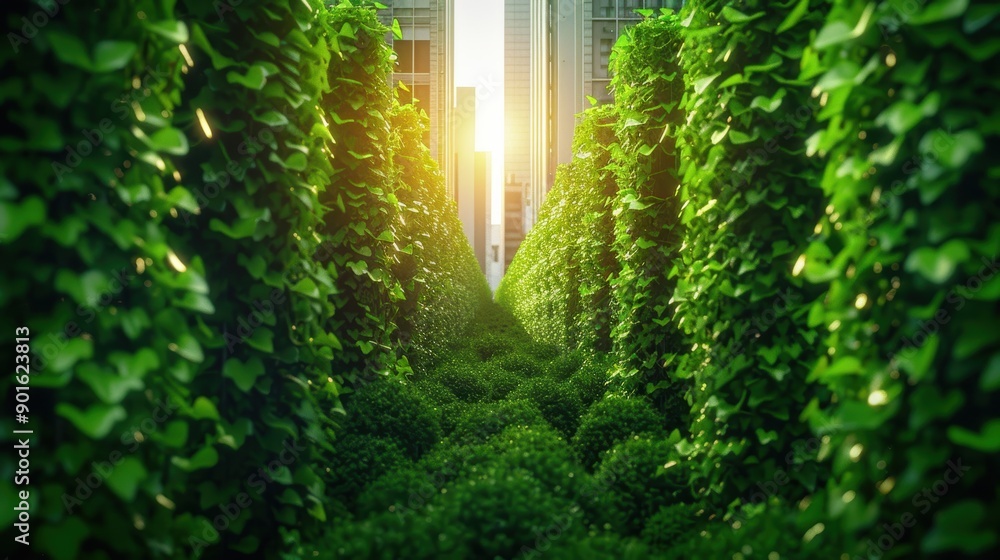Fototapeta premium Visualize a post-apocalyptic scene where nature reclaims urban landscapes, vines crawling over skyscrapers like living veins.
