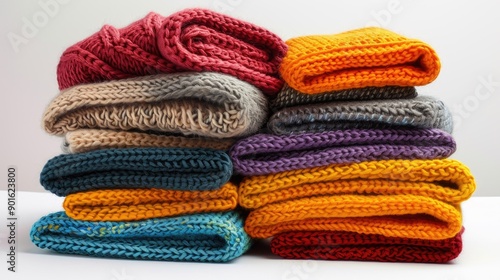 Colorful stack of folded women winter and autumn knitted clothes, neatly arranged on white background