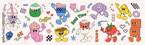 Set of 70s groovy element vector. Collection of cartoon characters, doodle smile face, coffee, tomato, cheese, bubble tea. Cute retro groovy hippie design for decorative, sticker, kids, print.