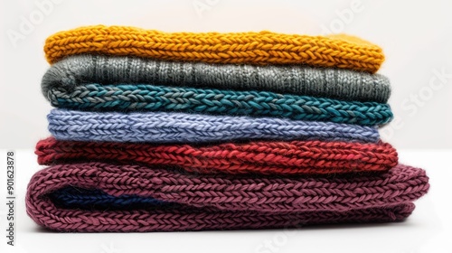 Colorful stack of folded women winter and autumn knitted clothes, neatly arranged on white background